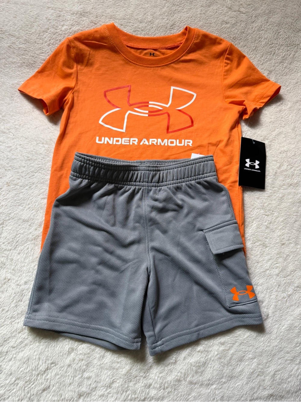 Under Armour Orange Logo Tee with Gray Athletic Shorts Set